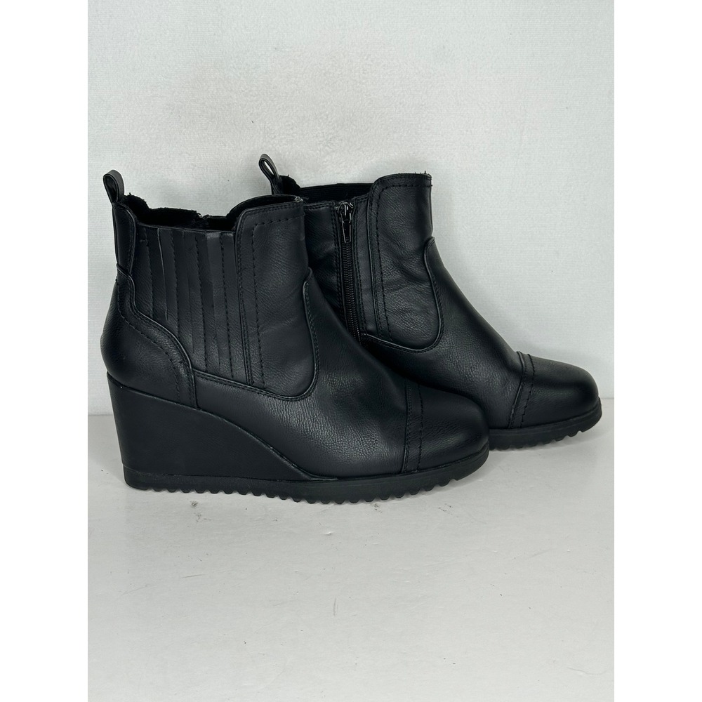 Khombu Womens Black Faux Leather Wedge Ankle Boots Side Zip Cap Toe Y2K Sz 9M